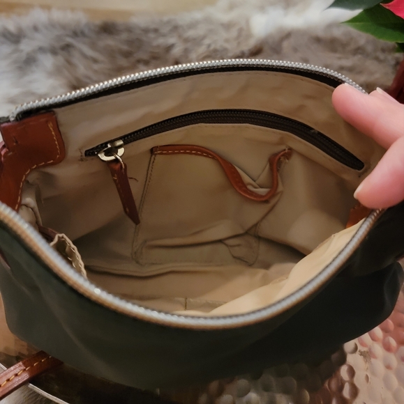 Dooney & Bourke The Nylon Crossbody Pouchette Purse dark brown and tan leather - Picture 4 of 5